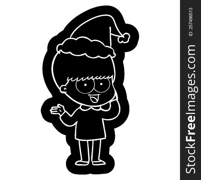 happy quirky cartoon icon of a boy wearing santa hat