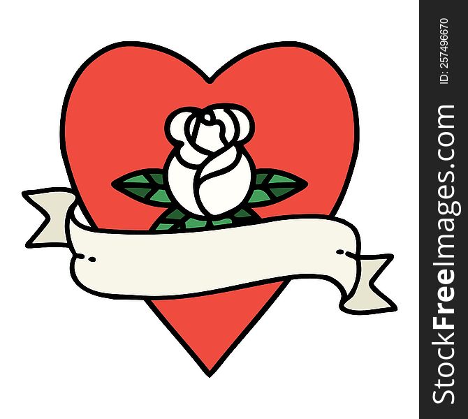 tattoo in traditional style of a heart rose and banner. tattoo in traditional style of a heart rose and banner