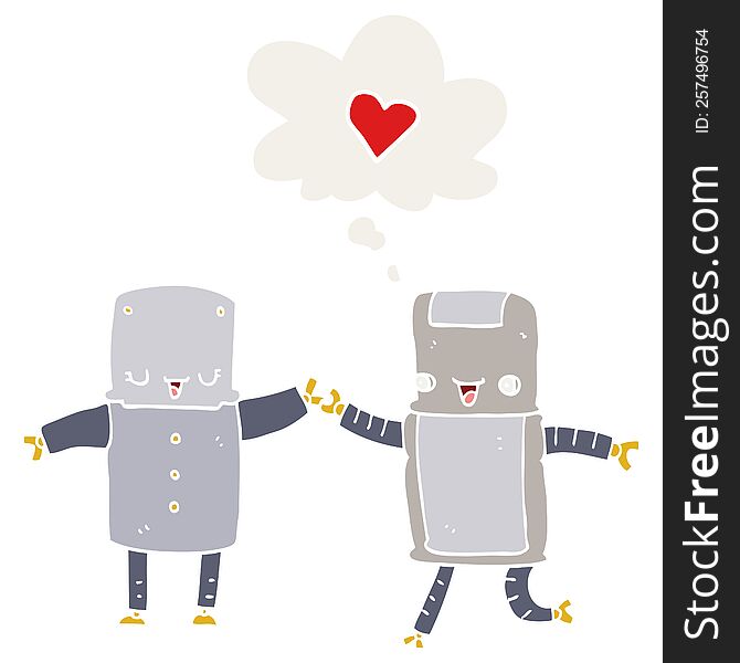 Cartoon Robots In Love And Thought Bubble In Retro Style