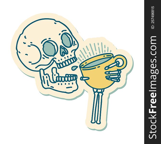 sticker of tattoo in traditional style of a skull drinking coffee. sticker of tattoo in traditional style of a skull drinking coffee