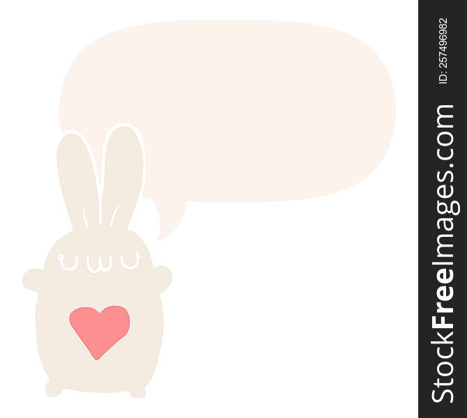cute cartoon rabbit with love heart with speech bubble in retro style. cute cartoon rabbit with love heart with speech bubble in retro style