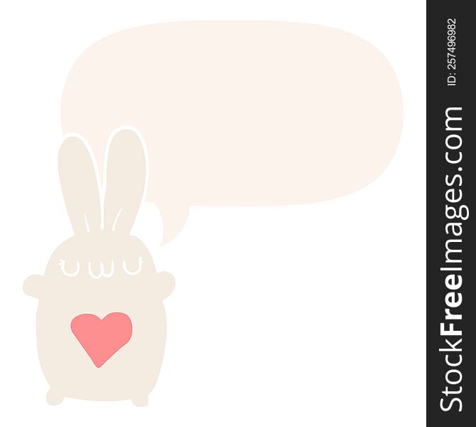 Cute Cartoon Rabbit And Love Heart And Speech Bubble In Retro Style