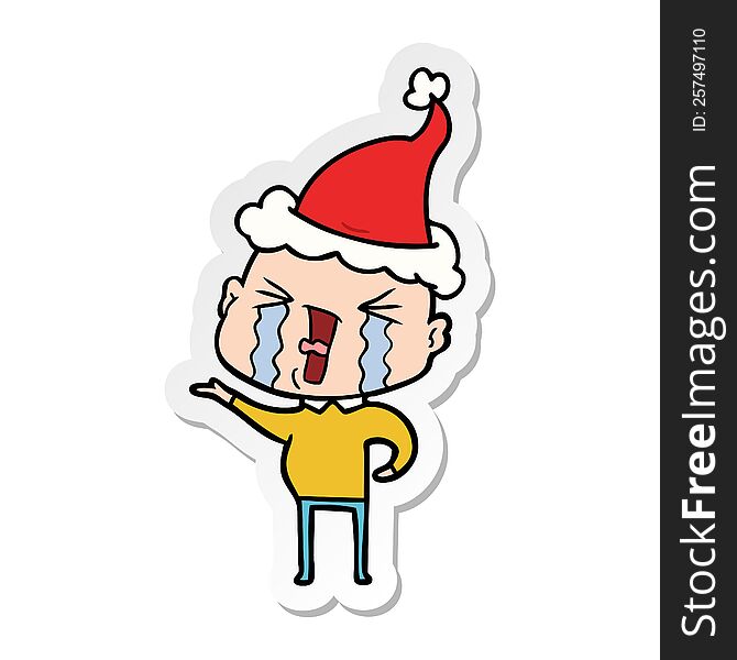 hand drawn sticker cartoon of a crying bald man wearing santa hat
