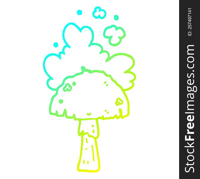 cold gradient line drawing of a cartoon mushroom with spore cloud