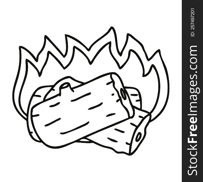 Quirky Line Drawing Cartoon Burning Log