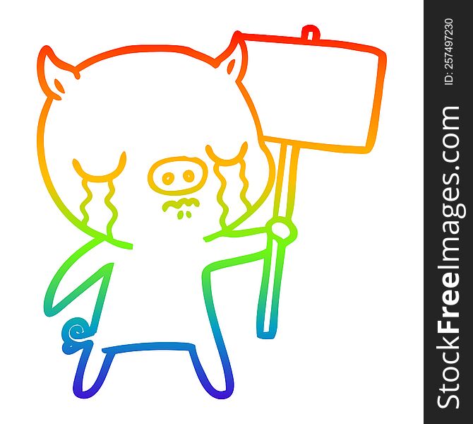 rainbow gradient line drawing of a cartoon crying pig with sign post