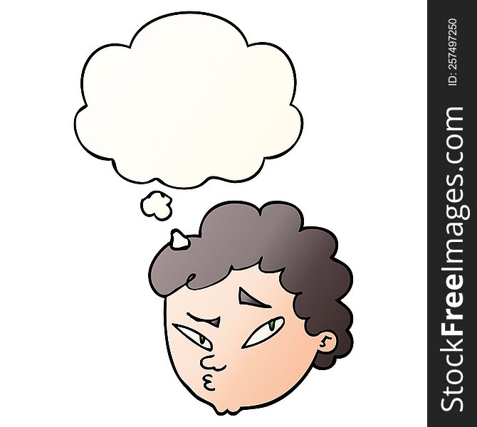 cartoon suspicious man with thought bubble in smooth gradient style