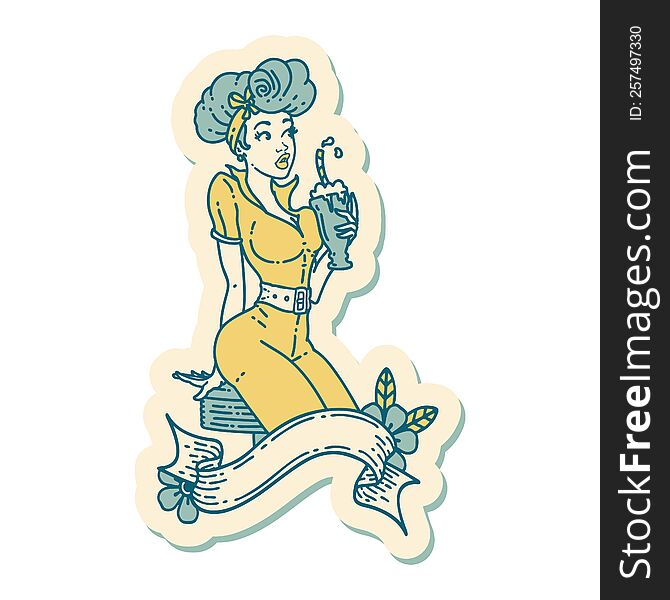 sticker of tattoo in traditional style of a pinup girl drinking a milkshake with banner. sticker of tattoo in traditional style of a pinup girl drinking a milkshake with banner