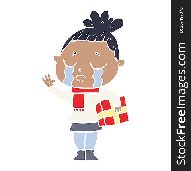 flat color style cartoon crying woman with christmas gift