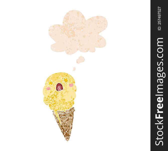 cartoon shocked ice cream with thought bubble in grunge distressed retro textured style. cartoon shocked ice cream with thought bubble in grunge distressed retro textured style