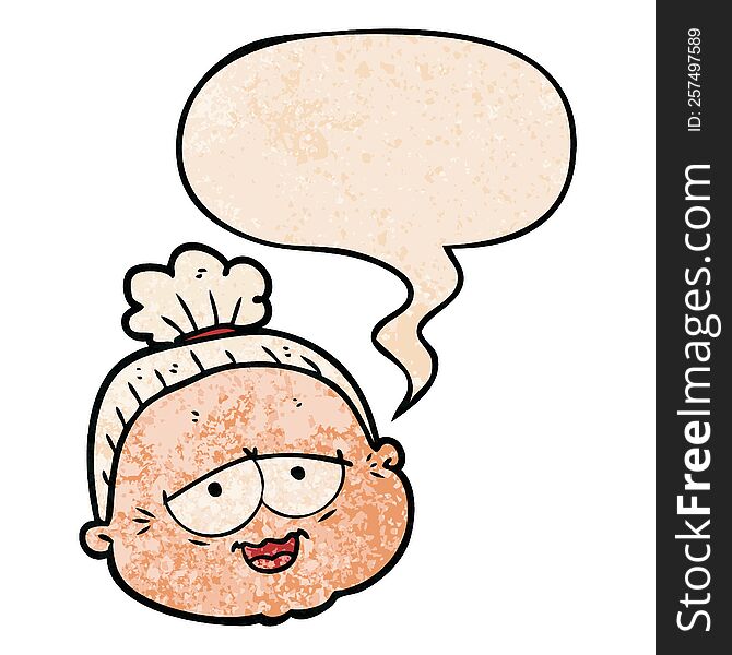 cartoon old lady with speech bubble in retro texture style