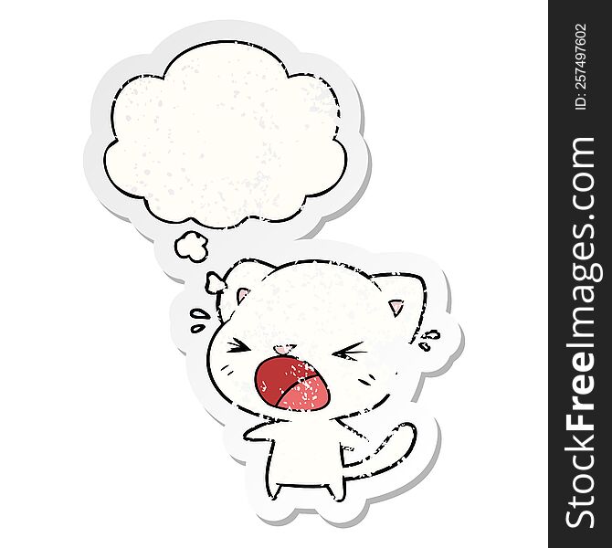Cartoon Cat Crying And Thought Bubble As A Distressed Worn Sticker