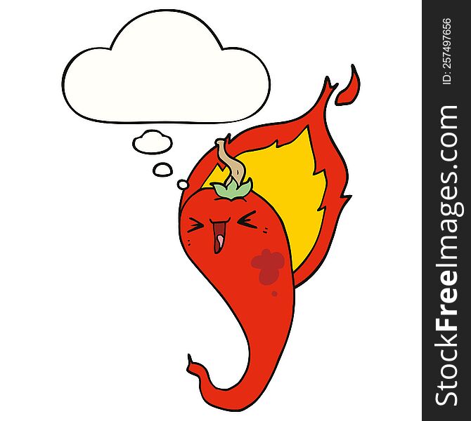 cartoon flaming hot chili pepper with thought bubble