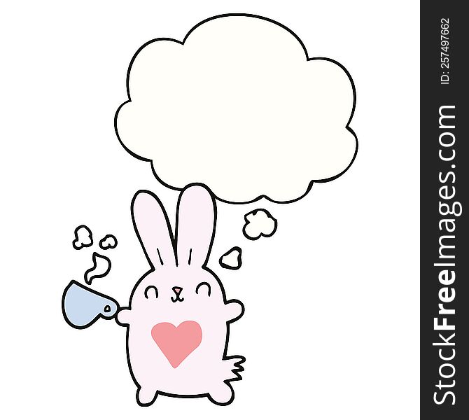 cute cartoon rabbit with love heart and coffee cup with thought bubble