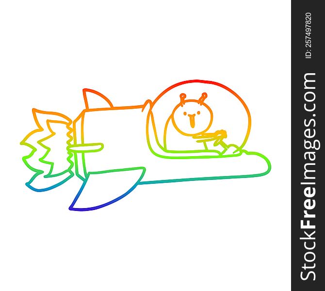 rainbow gradient line drawing of a cartoon alien in spaceship