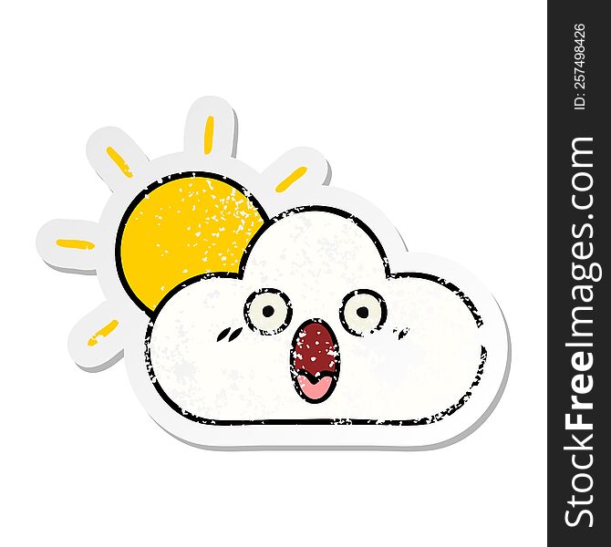 Distressed Sticker Of A Cute Cartoon Sunshine And Cloud