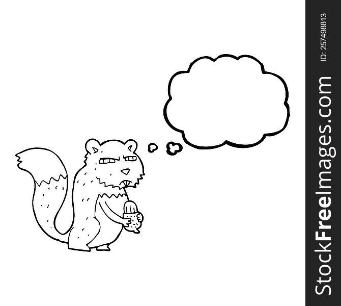 freehand drawn thought bubble cartoon angry squirrel with nut