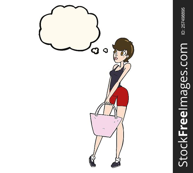 cartoon attractive woman shopping with thought bubble