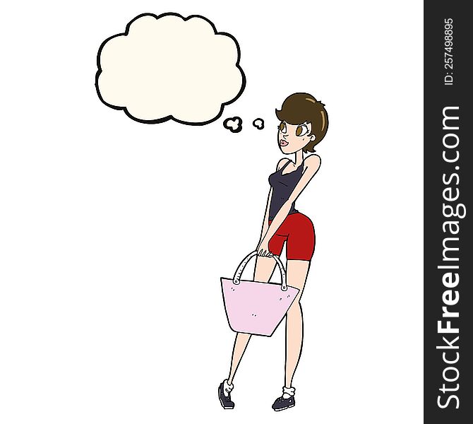 Cartoon Attractive Woman Shopping With Thought Bubble