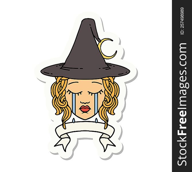 sticker of a crying human witch with banner. sticker of a crying human witch with banner