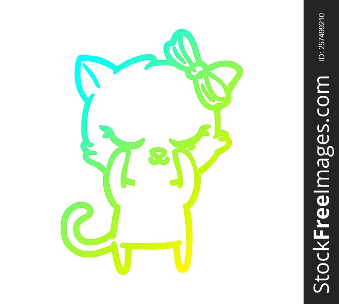 cold gradient line drawing cute cartoon cat with bow