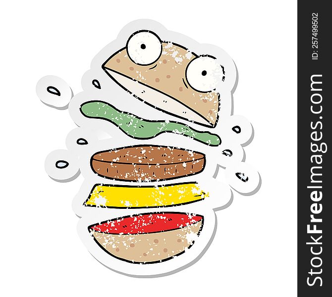 distressed sticker of a cartoon amazing burger