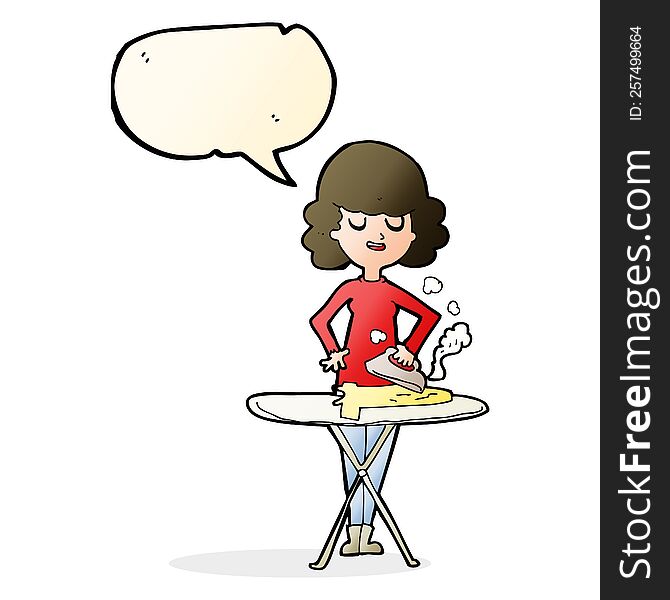 cartoon woman ironing with speech bubble