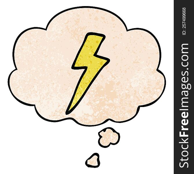 Cartoon Lightning Bolt And Thought Bubble In Grunge Texture Pattern Style