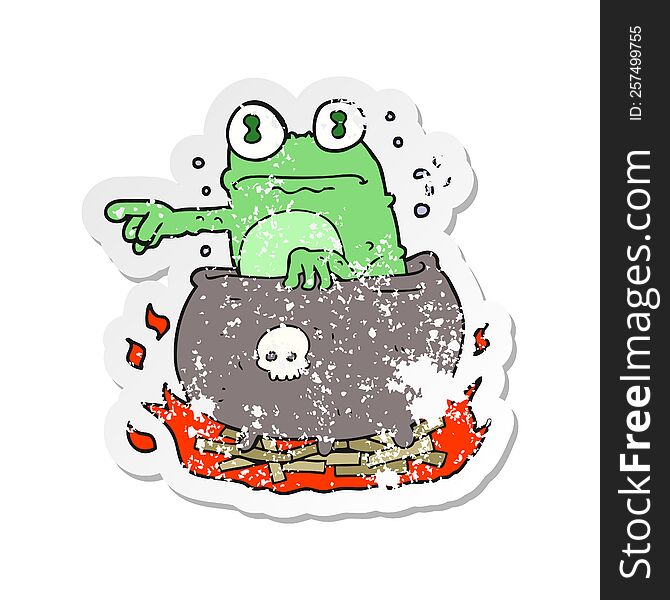 retro distressed sticker of a cartoon halloween toad in cauldron