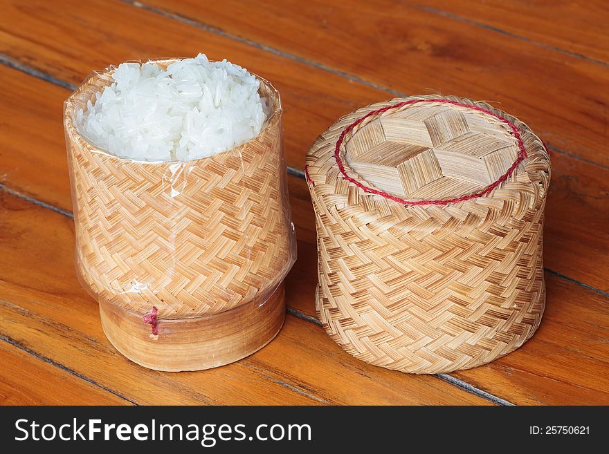 Asian sticky rice in a bamboo wooden old style box