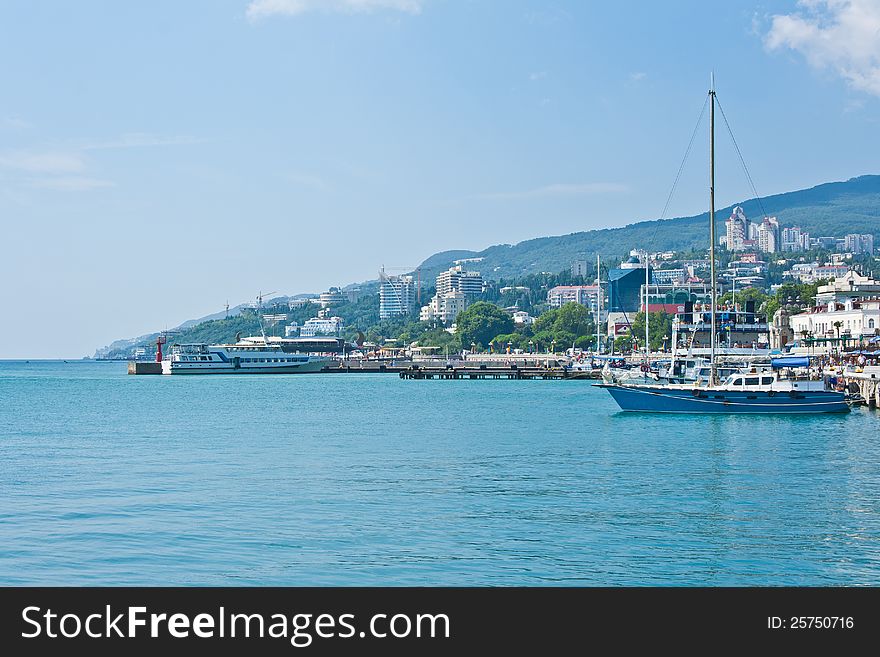 View of seafront in Yalta on sunny summer day. View of seafront in Yalta on sunny summer day