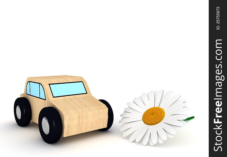 Car toy on white background with daisy. Car toy on white background with daisy.