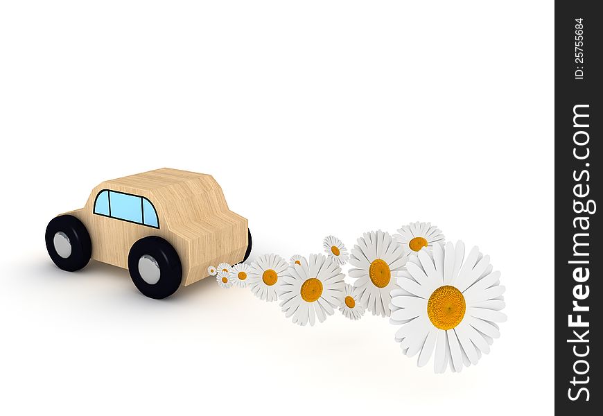 Car toy on white background with daisy. Car toy on white background with daisy.