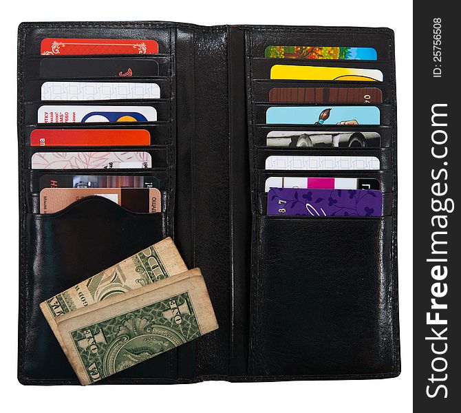 Wallet with plastic cards on a white background