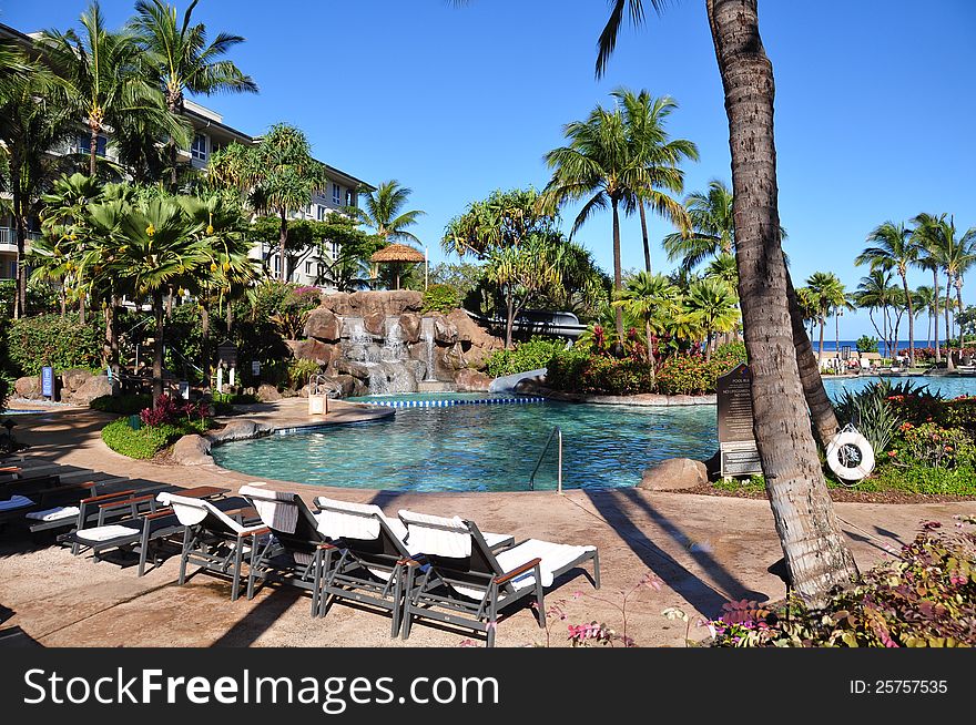 View of luxury hotel, Kaanapali, Maui, Hawaii with palm trees. View of luxury hotel, Kaanapali, Maui, Hawaii with palm trees.