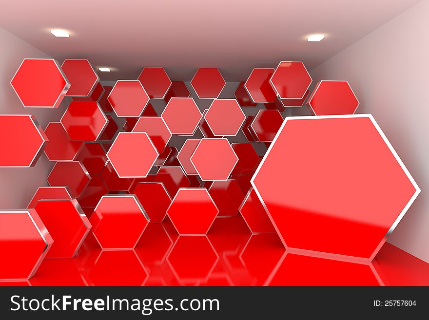 Abstract interior rendering with empty room color hexagon box display.