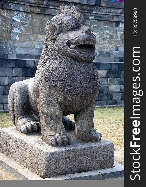 The Stone Sculpture Of A Lion Of Borobudur