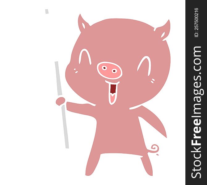 happy flat color style cartoon pig with sign post