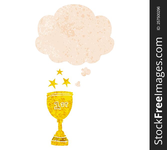 Cartoon Sports Trophy And Thought Bubble In Retro Textured Style