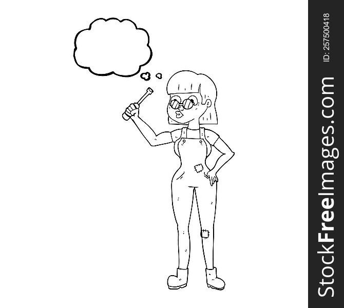 freehand drawn thought bubble cartoon female mechanic