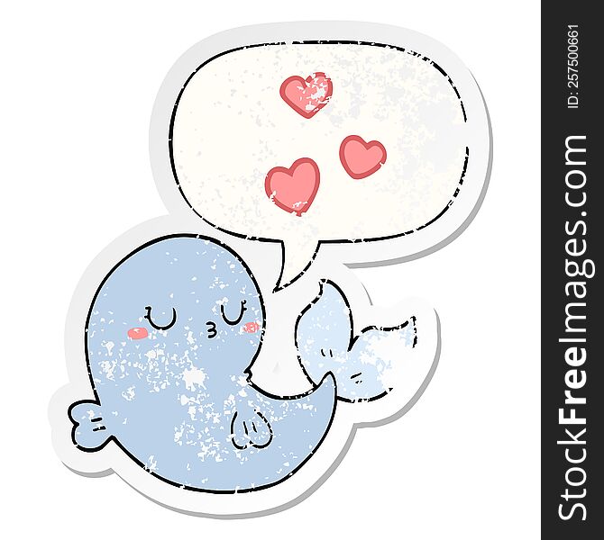 cute cartoon whale in love with speech bubble distressed distressed old sticker. cute cartoon whale in love with speech bubble distressed distressed old sticker