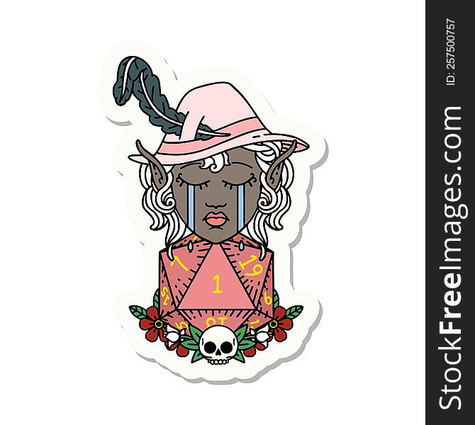 sticker of a crying elf bard character with natural one D20 roll. sticker of a crying elf bard character with natural one D20 roll