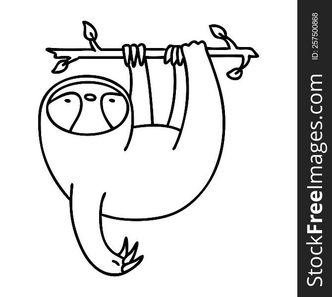 line doodle of cute sloth hanging from a branch. line doodle of cute sloth hanging from a branch