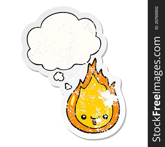 Cartoon Flame And Thought Bubble As A Distressed Worn Sticker