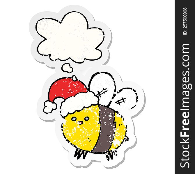 Cute Cartoon Bee Wearing Christmas Hat And Thought Bubble As A Distressed Worn Sticker