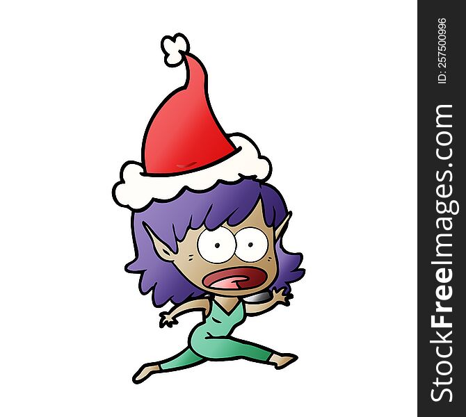 hand drawn gradient cartoon of a shocked elf girl wearing santa hat