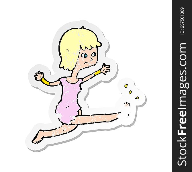 Retro Distressed Sticker Of A Cartoon Happy Woman Kicking