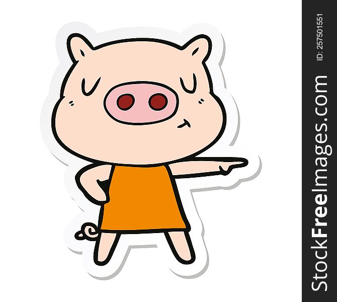 Sticker Of A Cartoon Content Pig In Dress Pointing