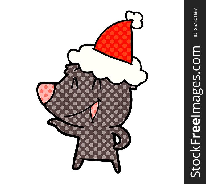 laughing bear hand drawn comic book style illustration of a wearing santa hat