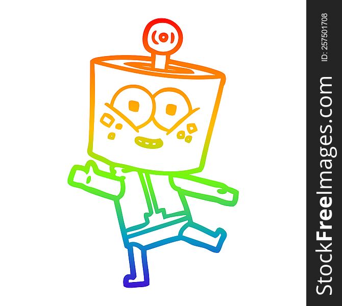 rainbow gradient line drawing of a happy cartoon robot dancing